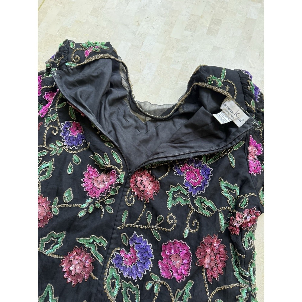 Vtg Laurence Kazar Silk Floral Beaded Short Sleeve Black Top Plus Womens 2X - Picture 10 of 10
